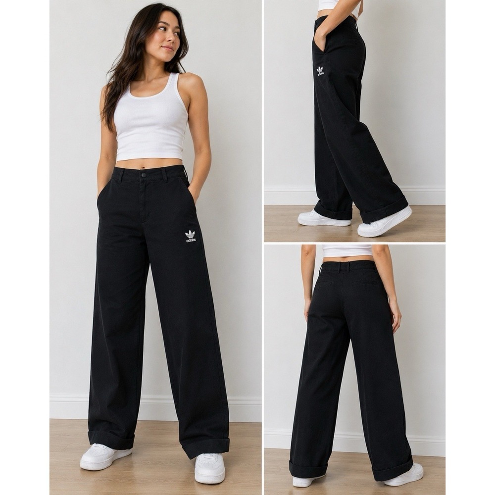 Adidas Originals Black Wide Leg Chino Pants Women's US 30 Casual Logo